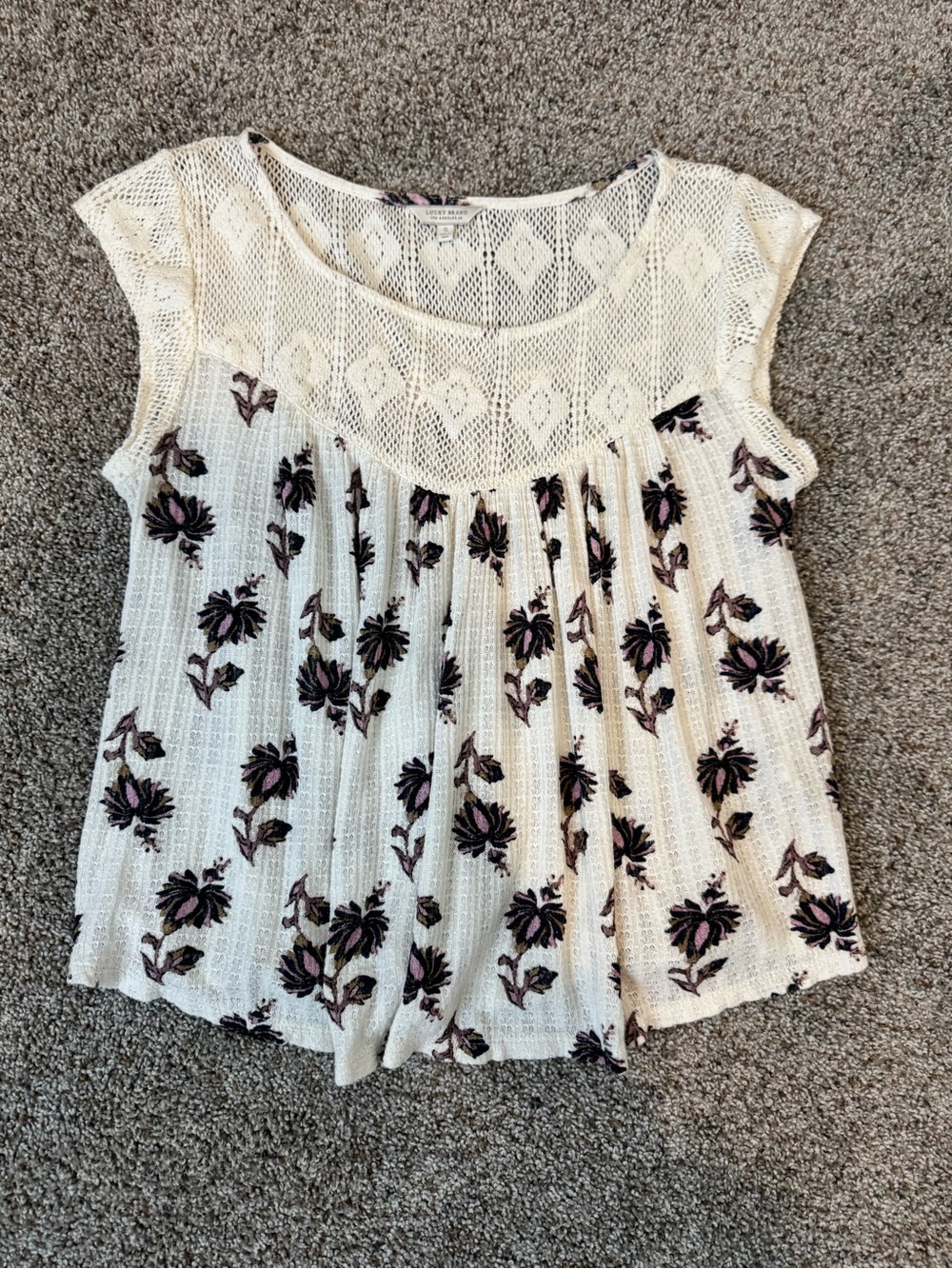 Lucky Brand Cream Crochet Yoke Blouse with floral pattern